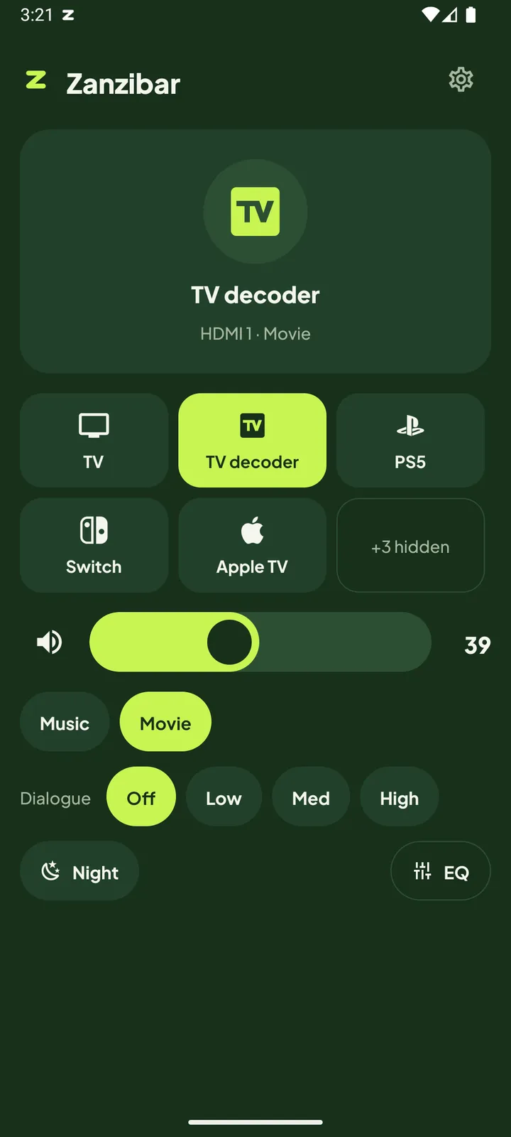 Zapbar's remote screen with inputs, volume and sound modes